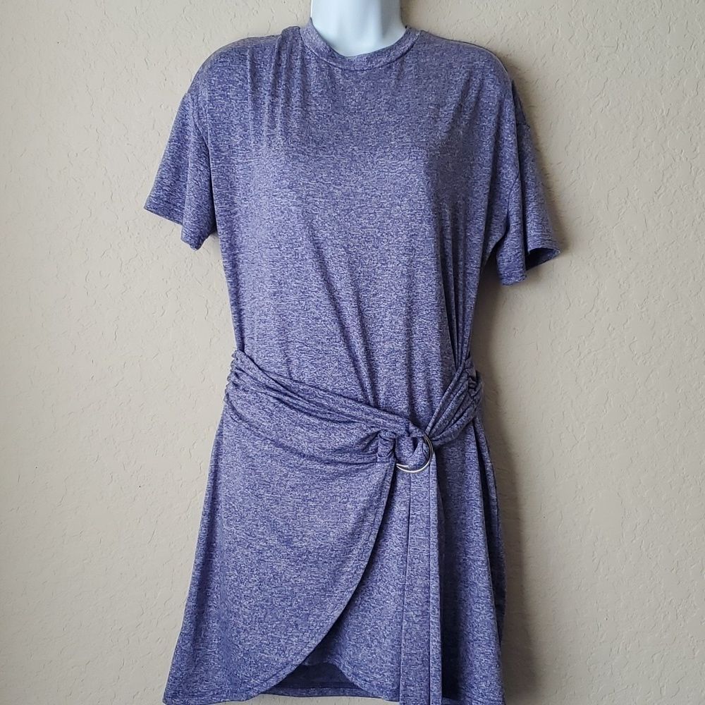 Heather Blue & Black T-Shirt Dress Cinch Tie Waist Casual Short Sleeve Mini** - Picture 9 of 9